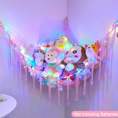 Stuffed Animals Hammock with LED Light Corner Net, Girls Room Decor