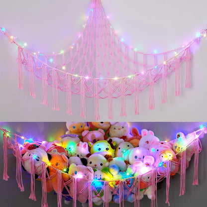 Stuffed Animals Hammock with LED Light Corner Net, Girls Room Decor