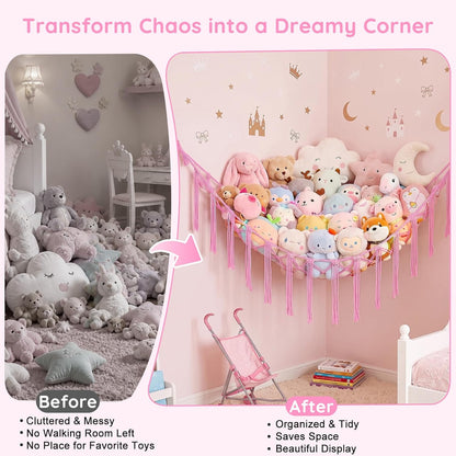 Stuffed Animals Hammock with LED Light Corner Net, Girls Room Decor