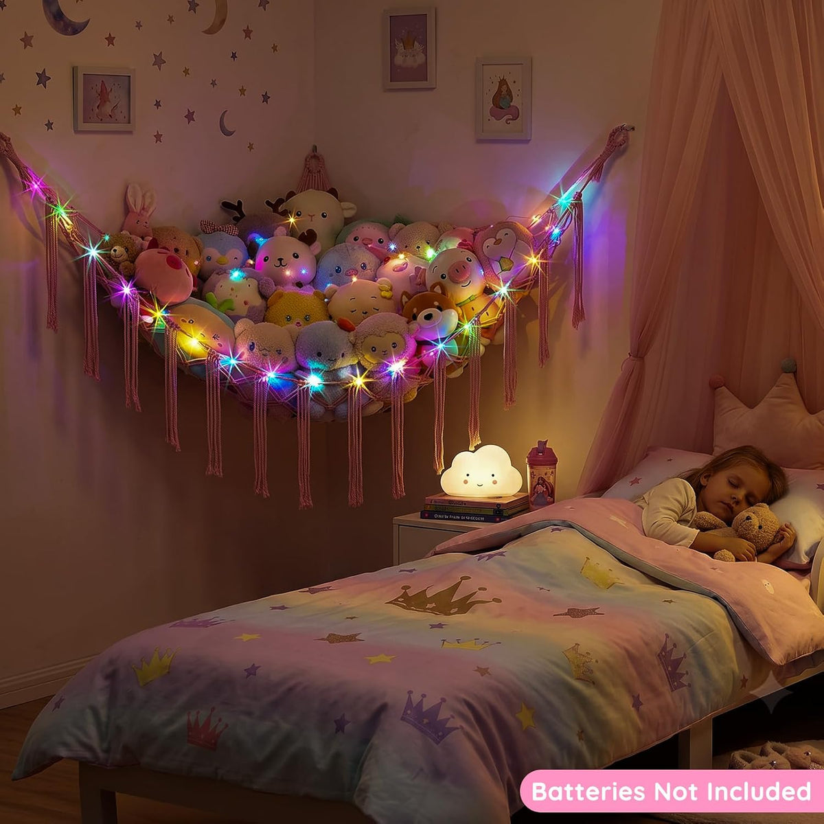 Stuffed Animals Hammock with LED Light Corner Net, Girls Room Decor