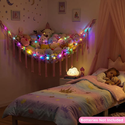 Stuffed Animals Hammock with LED Light Corner Net, Girls Room Decor