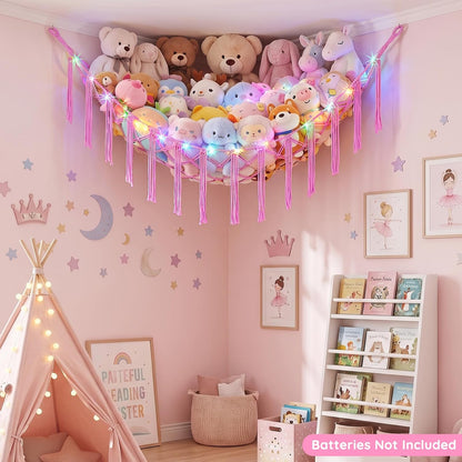 Stuffed Animals Hammock with LED Light Corner Net, Girls Room Decor