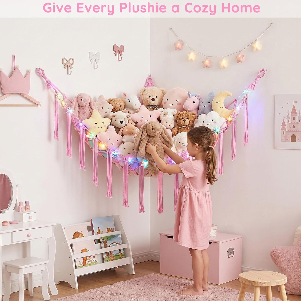 Stuffed Animals Hammock with LED Light Corner Net, Girls Room Decor
