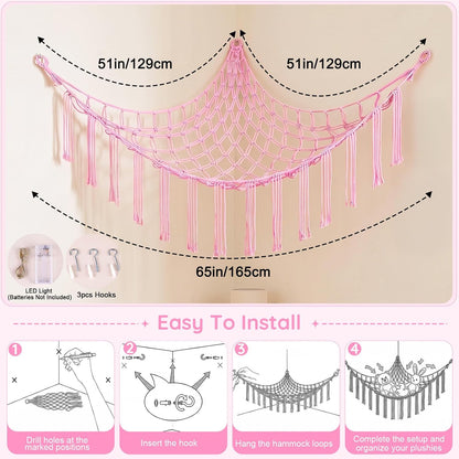 Stuffed Animals Hammock with LED Light Corner Net, Girls Room Decor
