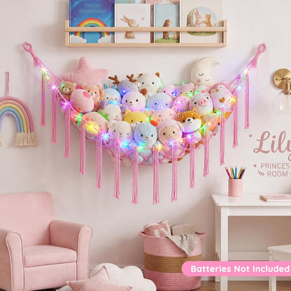 Stuffed Animals Hammock with LED Light Corner Net, Girls Room Decor