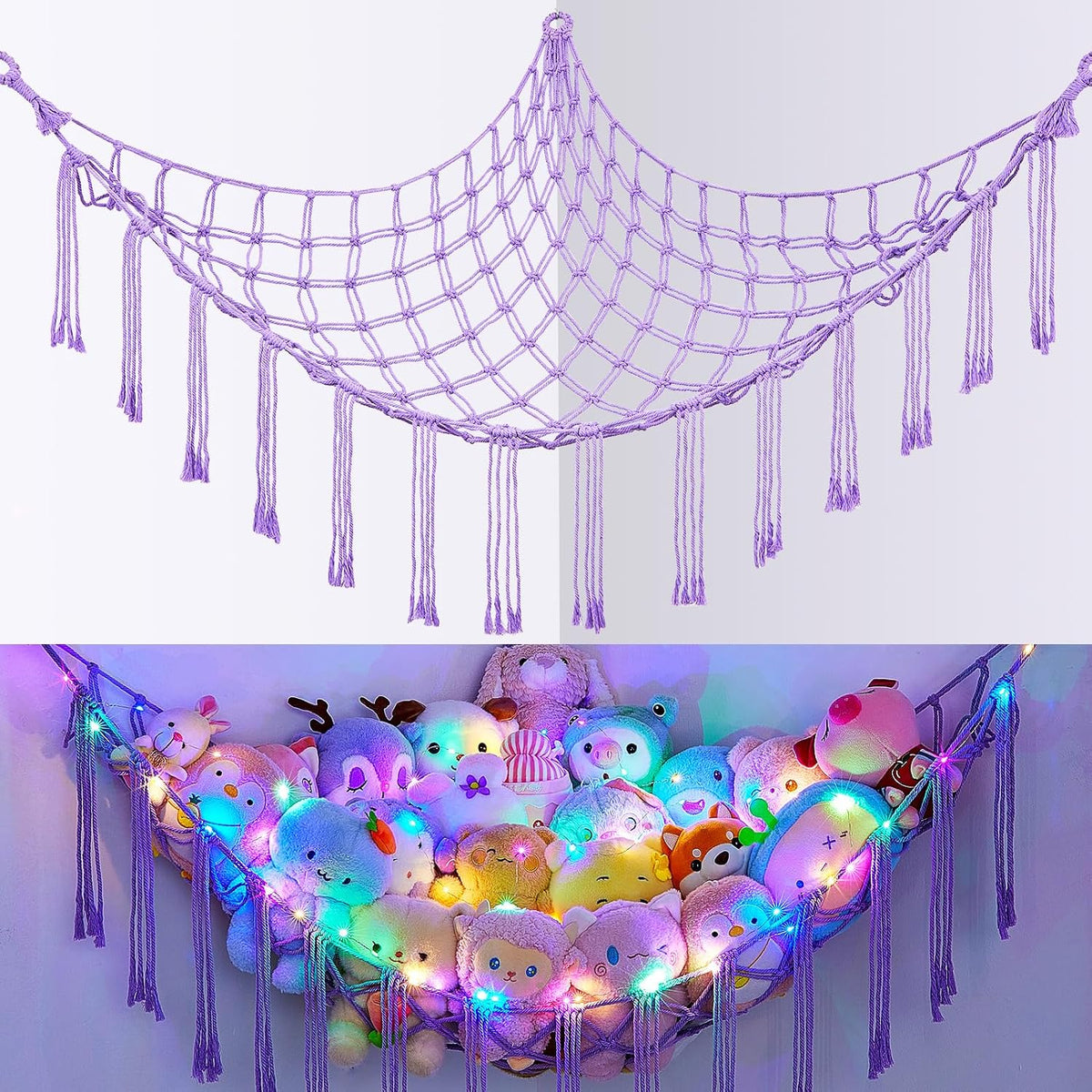 Stuffed Animals Hammock with LED Light Corner Net, Girls Room Decor