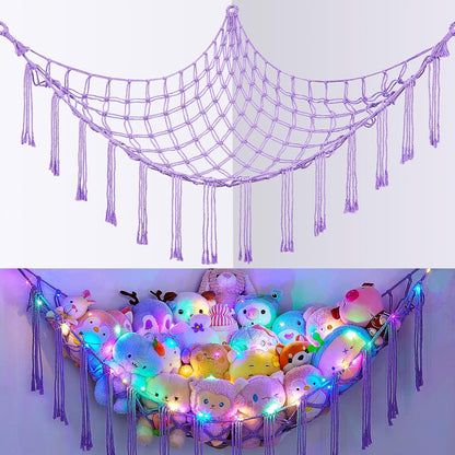 Stuffed Animals Hammock with LED Light Corner Net, Girls Room Decor