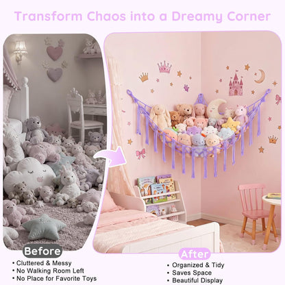 Stuffed Animals Hammock with LED Light Corner Net, Girls Room Decor