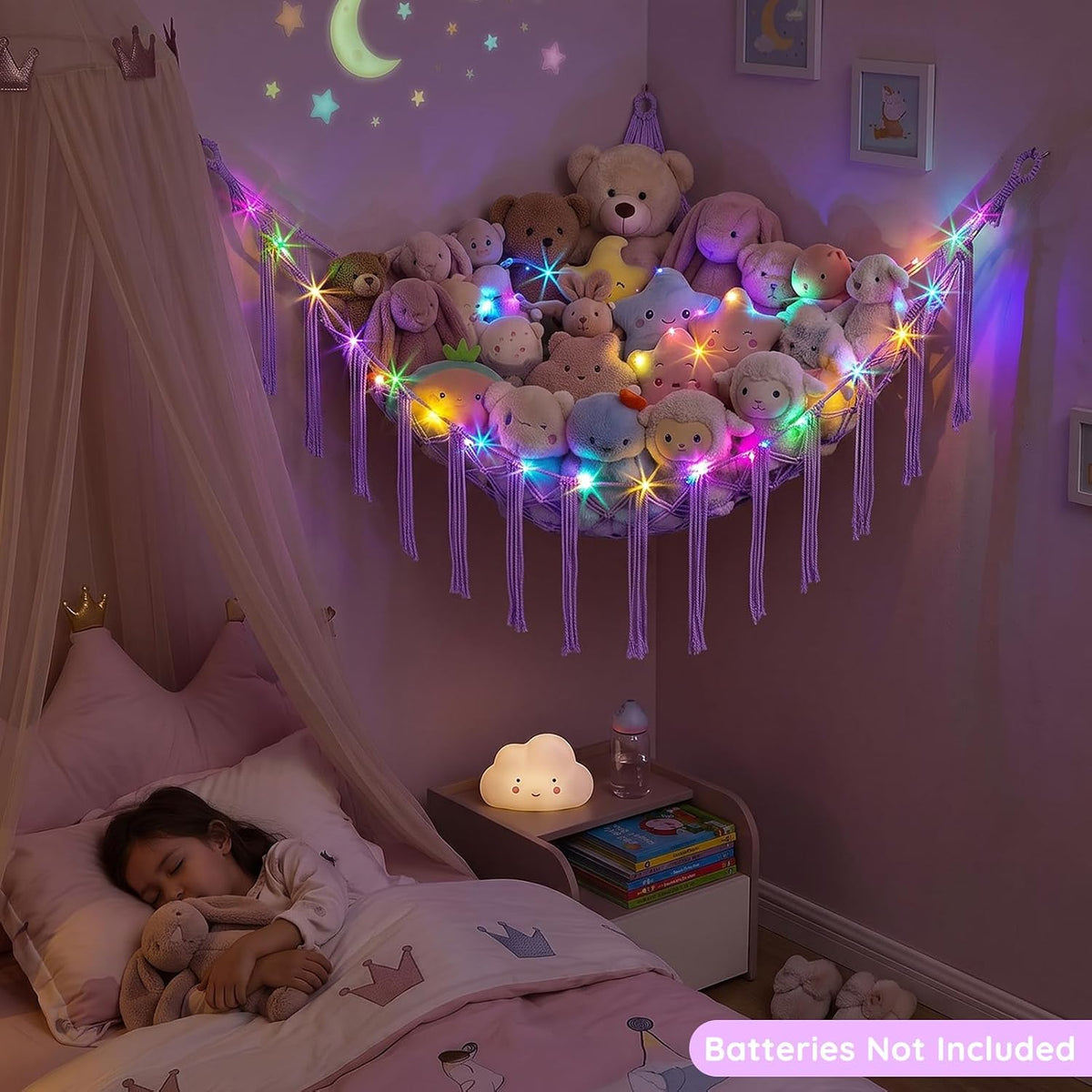 Stuffed Animals Hammock with LED Light Corner Net, Girls Room Decor