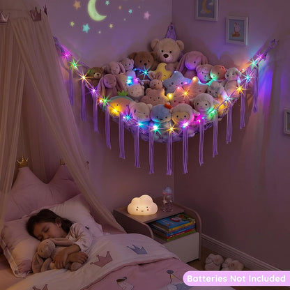Stuffed Animals Hammock with LED Light Corner Net, Girls Room Decor