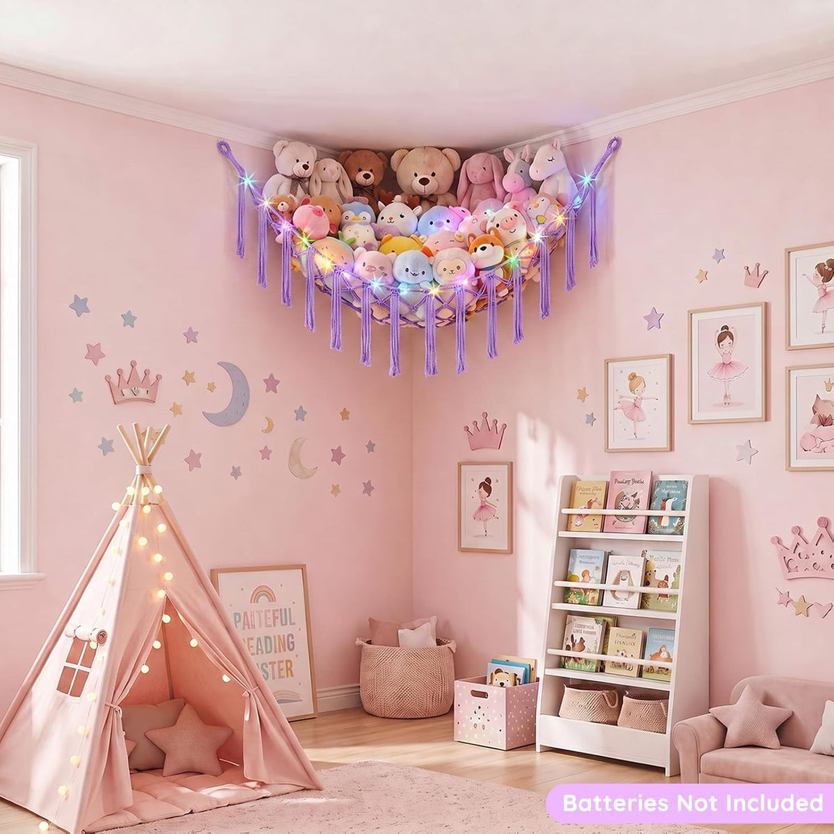 Stuffed Animals Hammock with LED Light Corner Net, Girls Room Decor