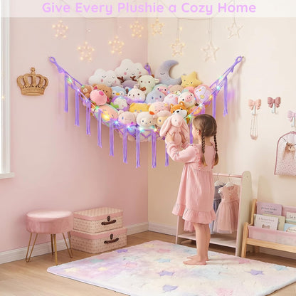 Stuffed Animals Hammock with LED Light Corner Net, Girls Room Decor