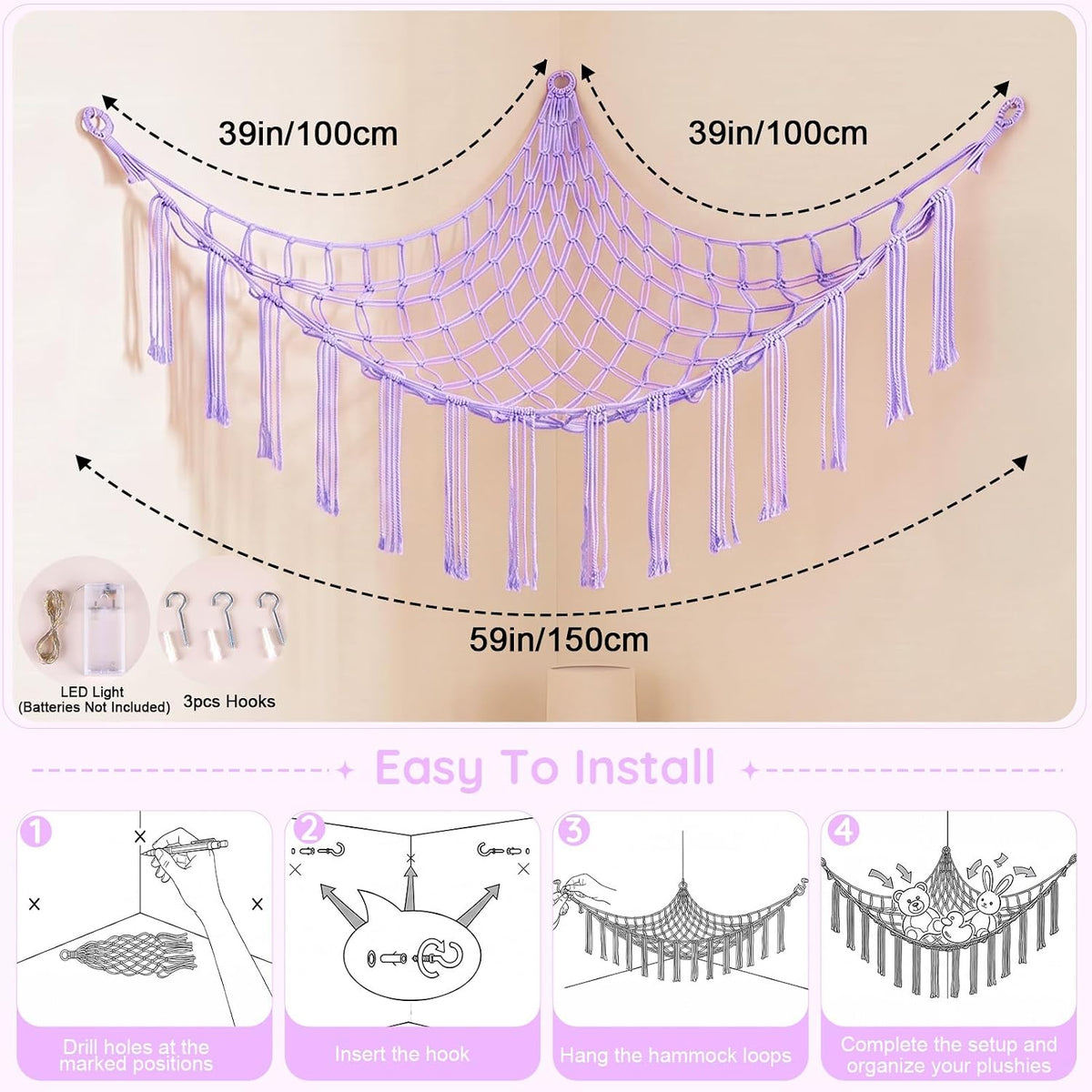 Stuffed Animals Hammock with LED Light Corner Net, Girls Room Decor