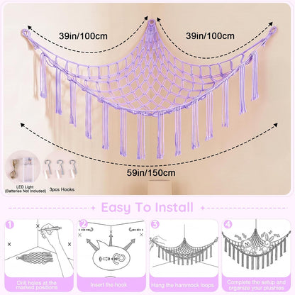 Stuffed Animals Hammock with LED Light Corner Net, Girls Room Decor
