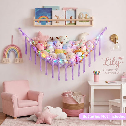 Stuffed Animals Hammock with LED Light Corner Net, Girls Room Decor