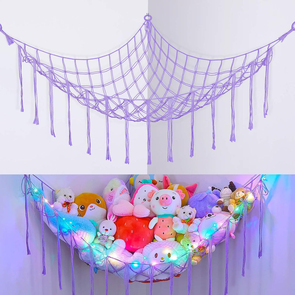 Stuffed Animals Hammock with LED Light Corner Net, Girls Room Decor