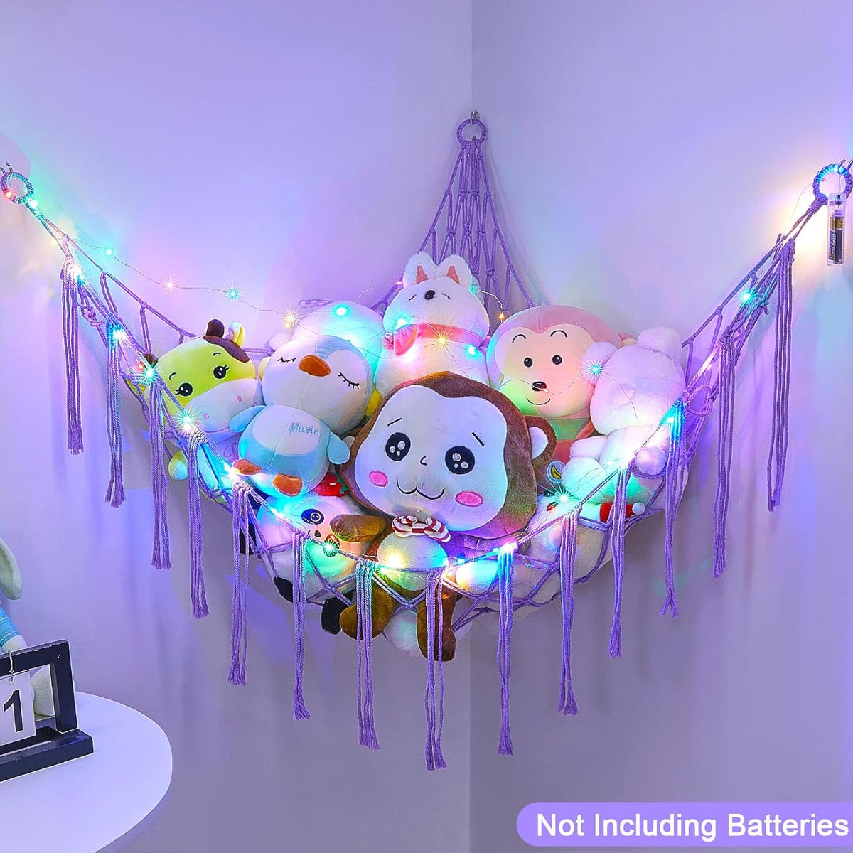 Stuffed Animals Hammock with LED Light Corner Net, Girls Room Decor