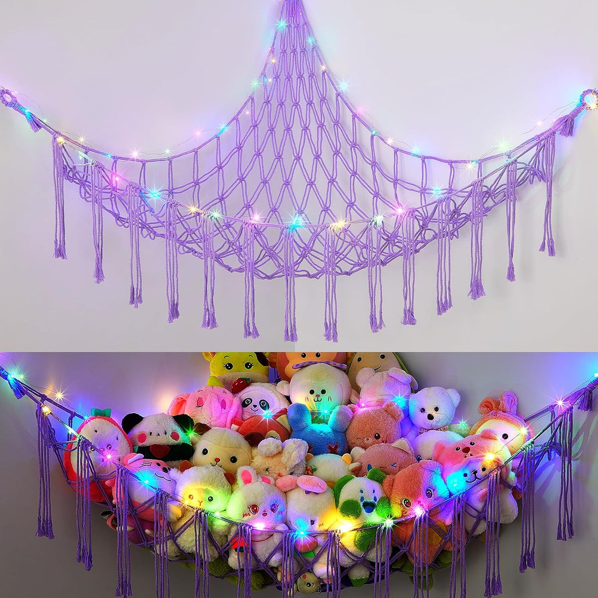 Stuffed Animals Hammock with LED Light Corner Net, Girls Room Decor