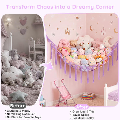 Stuffed Animals Hammock with LED Light Corner Net, Girls Room Decor