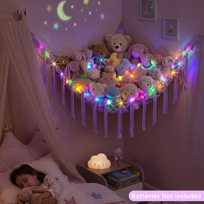 Stuffed Animals Hammock with LED Light Corner Net, Girls Room Decor