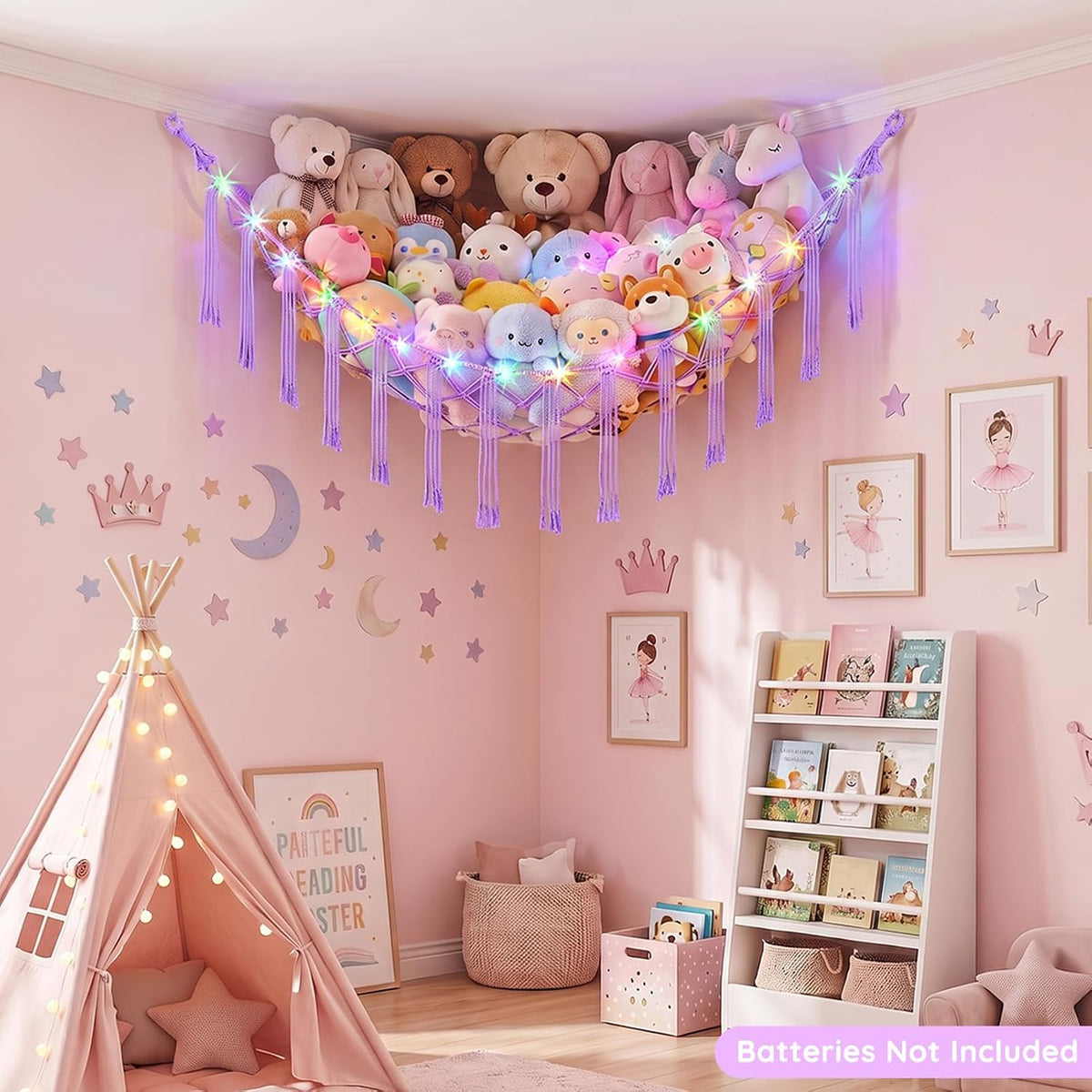 Stuffed Animals Hammock with LED Light Corner Net, Girls Room Decor