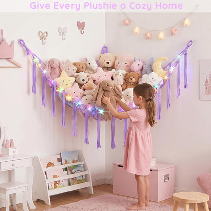 Stuffed Animals Hammock with LED Light Corner Net, Girls Room Decor