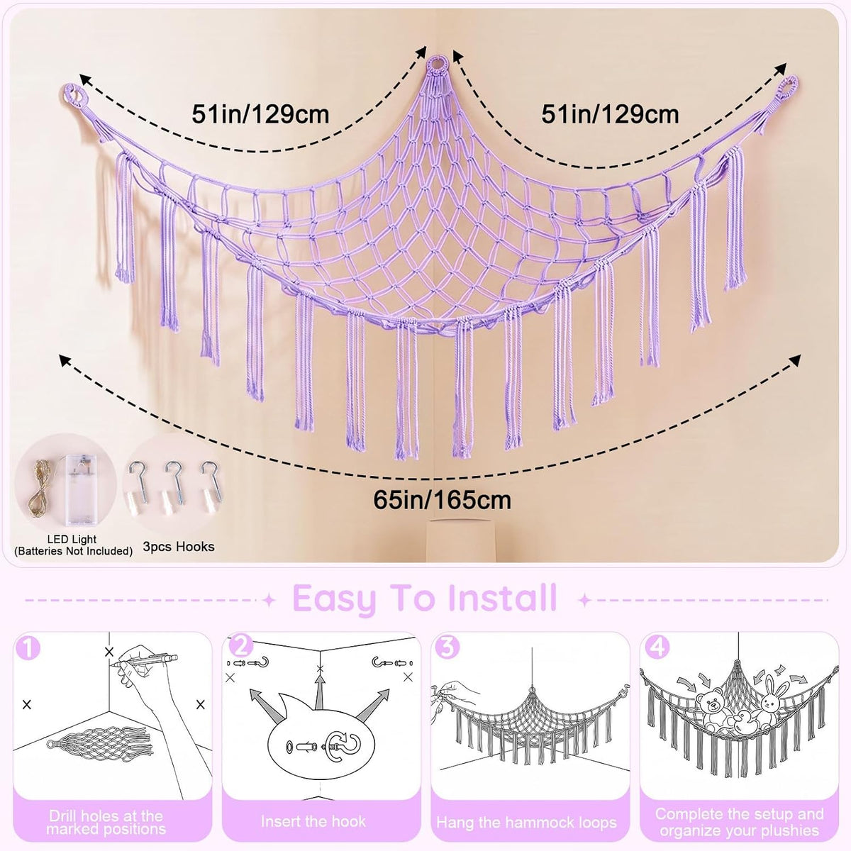 Stuffed Animals Hammock with LED Light Corner Net, Girls Room Decor