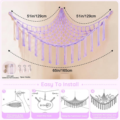 Stuffed Animals Hammock with LED Light Corner Net, Girls Room Decor