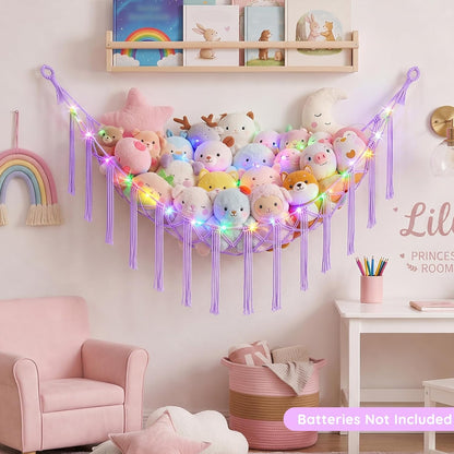 Stuffed Animals Hammock with LED Light Corner Net, Girls Room Decor