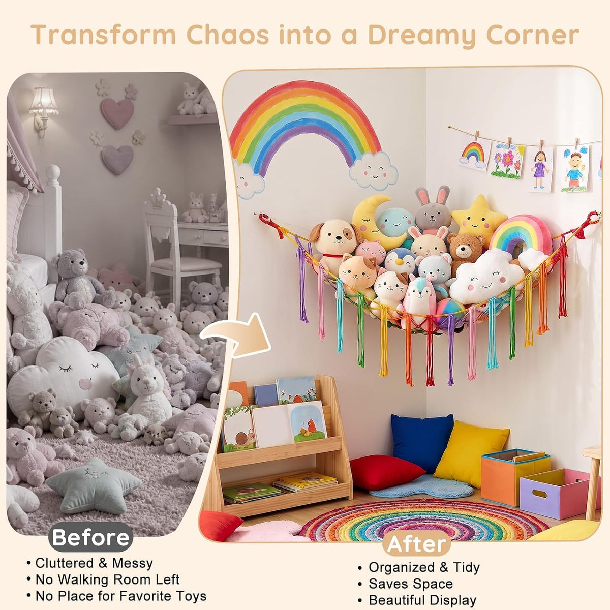 Stuffed Animals Hammock with LED Light Corner Net, Girls Room Decor
