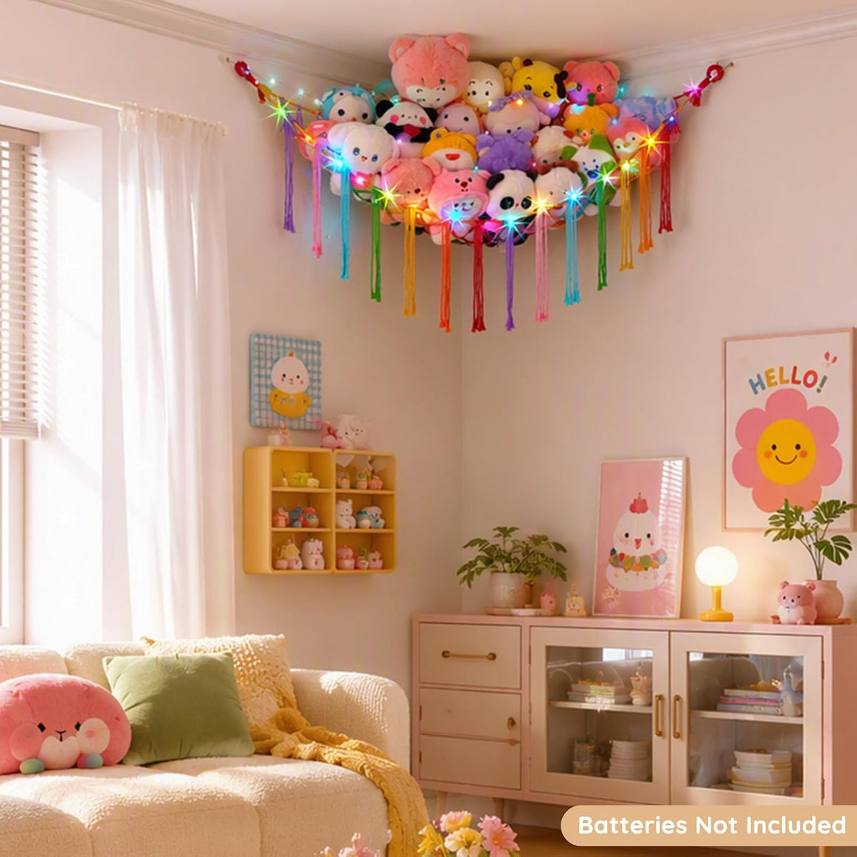 Stuffed Animals Hammock with LED Light Corner Net, Girls Room Decor