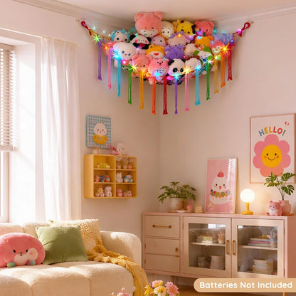 Stuffed Animals Hammock with LED Light Corner Net, Girls Room Decor
