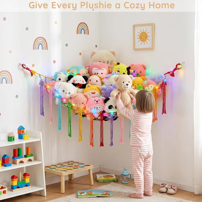 Stuffed Animals Hammock with LED Light Corner Net, Girls Room Decor