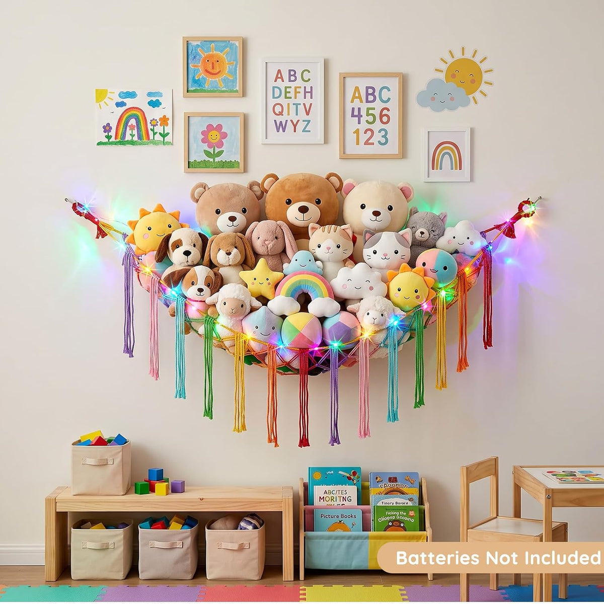 Stuffed Animals Hammock with LED Light Corner Net, Girls Room Decor