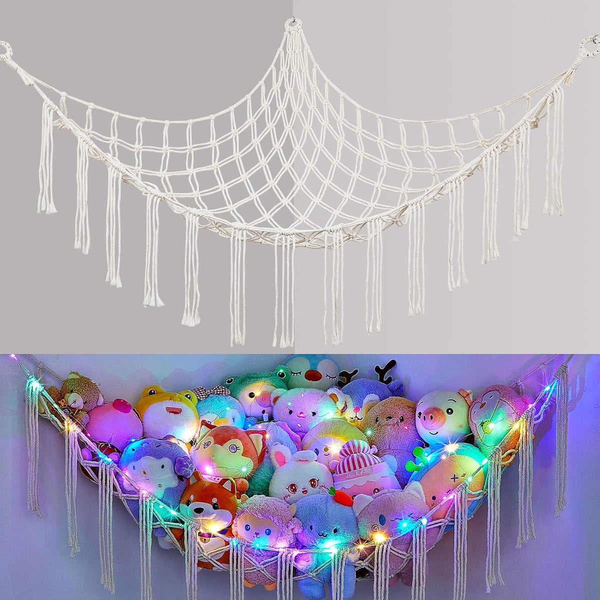 Stuffed Animals Hammock with LED Light Corner Net, Girls Room Decor