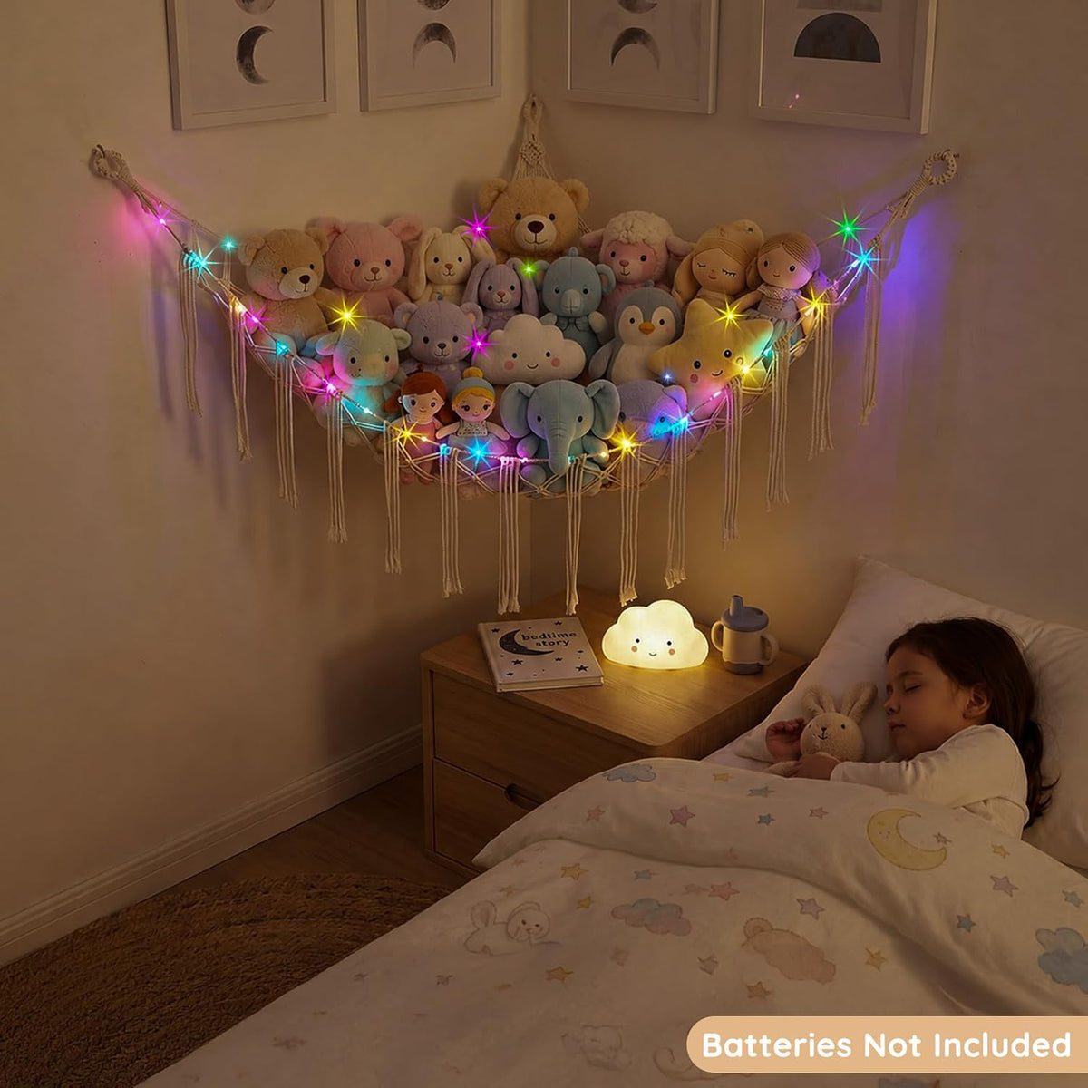 Stuffed Animals Hammock with LED Light Corner Net, Girls Room Decor