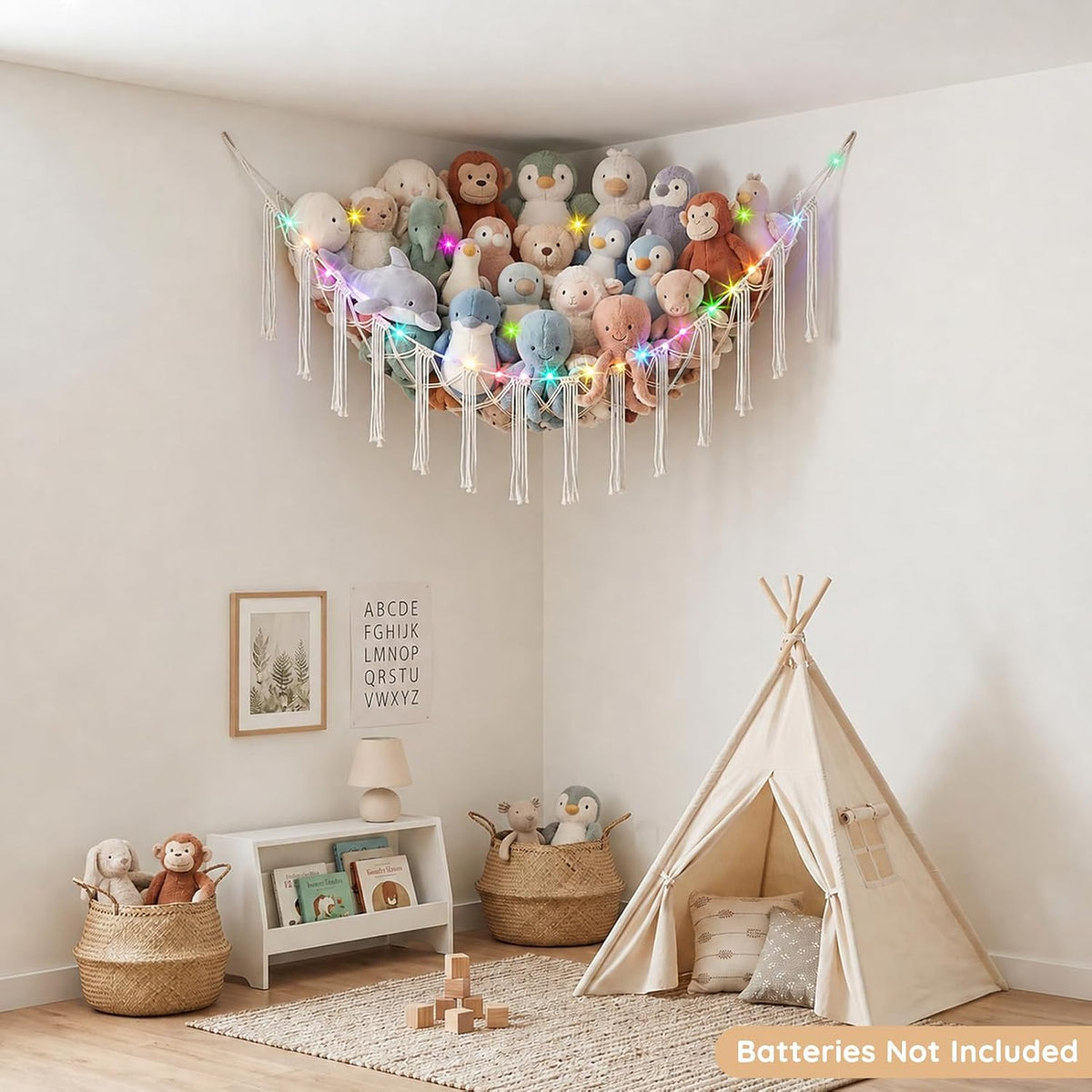Stuffed Animals Hammock with LED Light Corner Net, Girls Room Decor