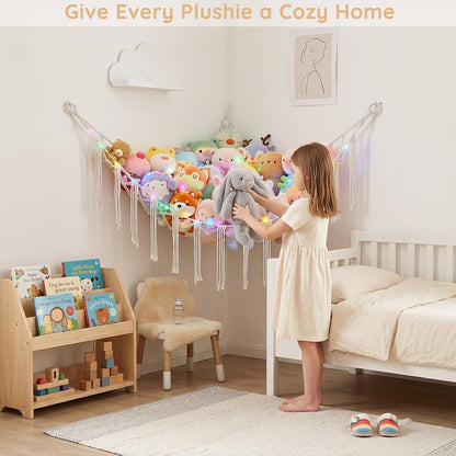 Stuffed Animals Hammock with LED Light Corner Net, Girls Room Decor