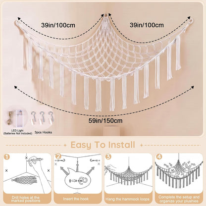 Stuffed Animals Hammock with LED Light Corner Net, Girls Room Decor