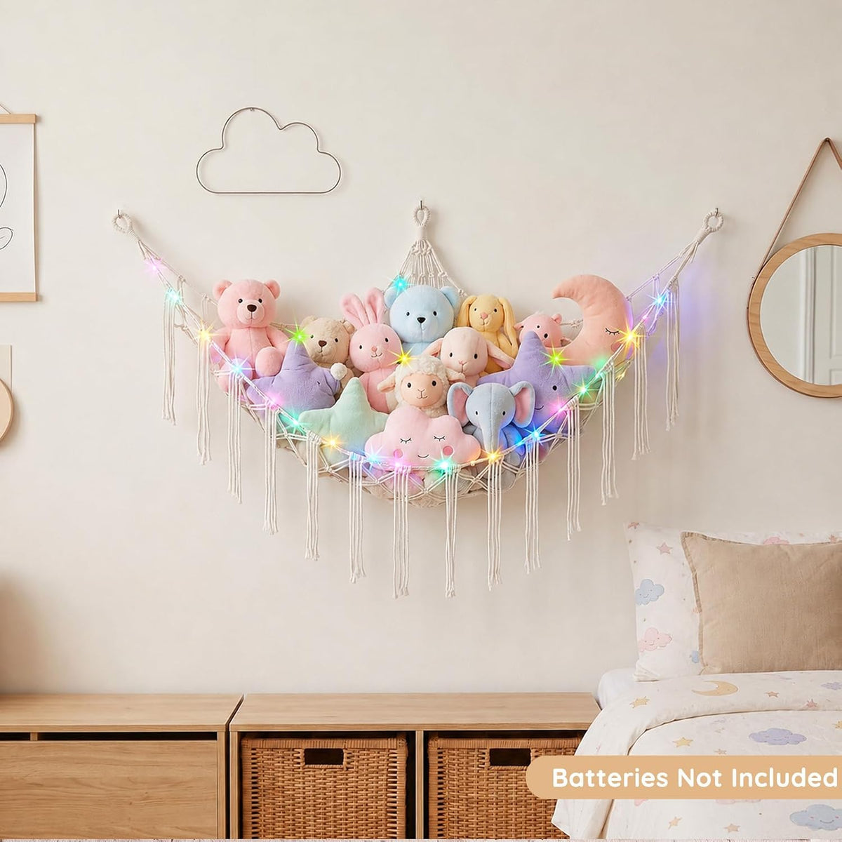 Stuffed Animals Hammock with LED Light Corner Net, Girls Room Decor