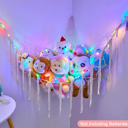 Stuffed Animals Hammock with LED Light Corner Net, Girls Room Decor