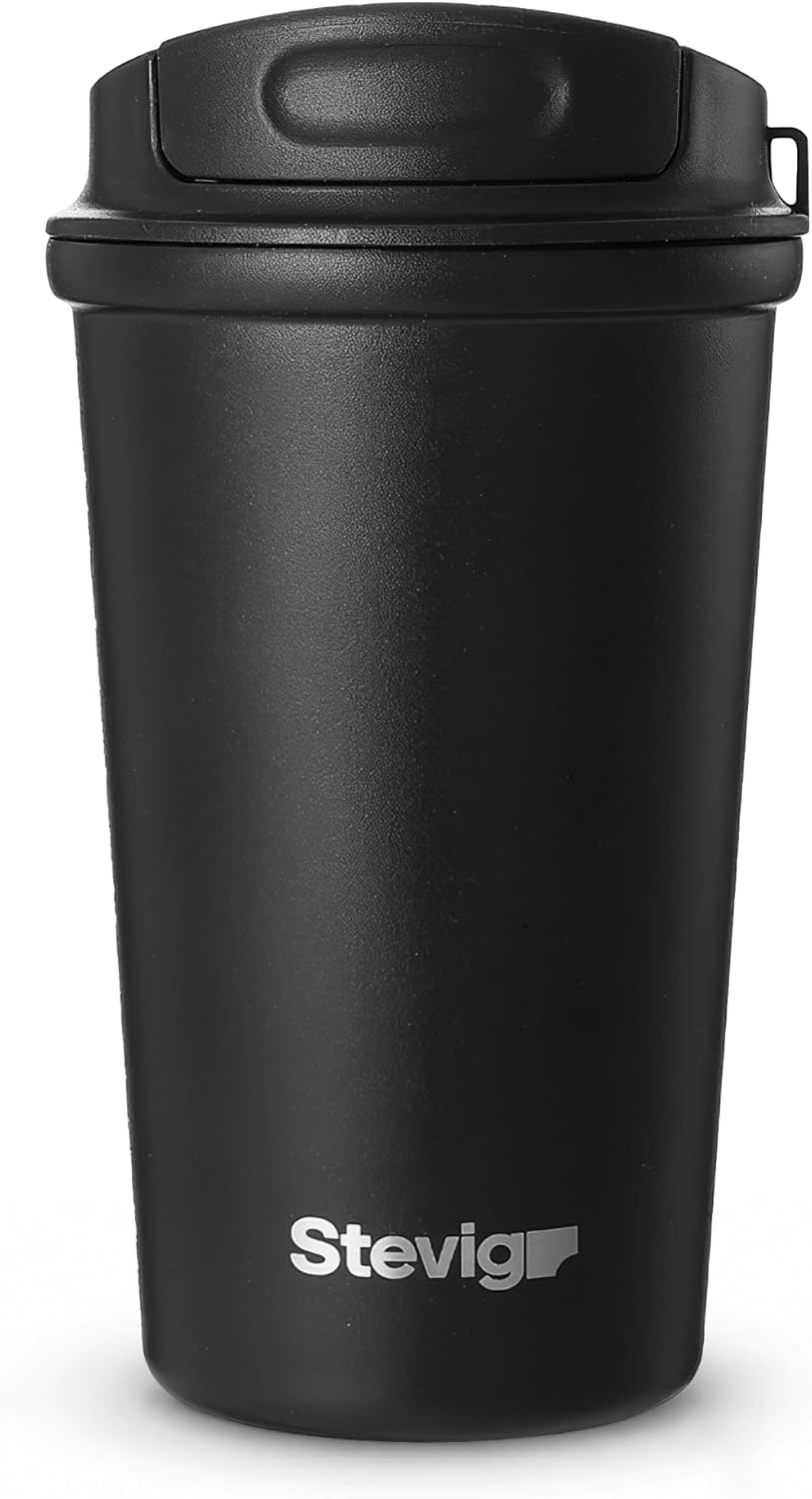 4 Work Flip Open Coffee Mug | 13 oz | Transparent Lid Design, Double Wall Vacuum Travel Mug, Cup Holder Friendly, Non-Slip Base, Compatible with Lanyard Loop – Grey ST-251