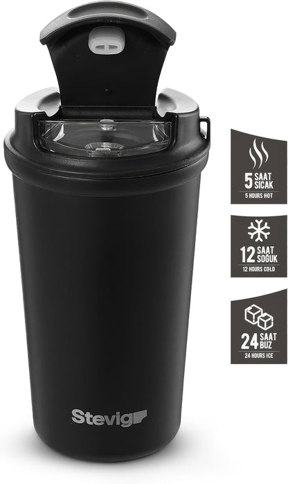 4 Work Flip Open Coffee Mug | 13 oz | Transparent Lid Design, Double Wall Vacuum Travel Mug, Cup Holder Friendly, Non-Slip Base, Compatible with Lanyard Loop – Grey ST-251