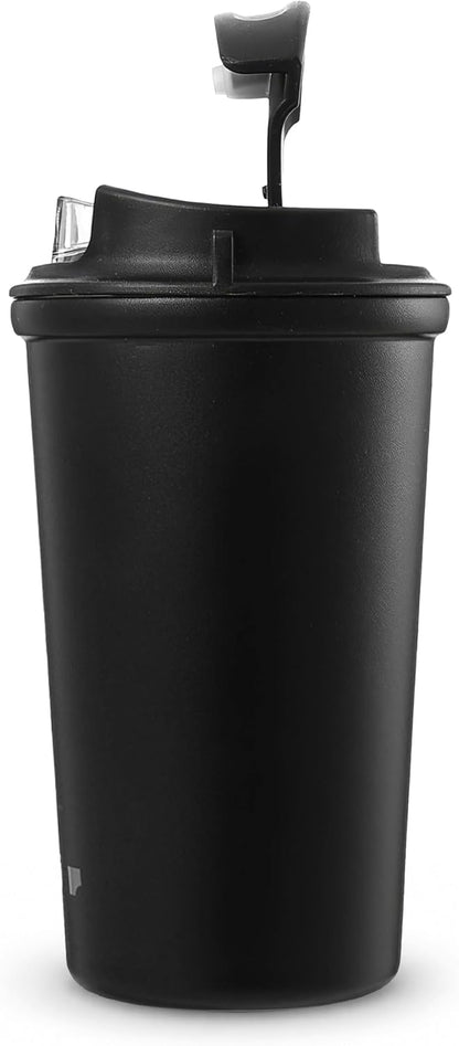 4 Work Flip Open Coffee Mug | 13 oz | Transparent Lid Design, Double Wall Vacuum Travel Mug, Cup Holder Friendly, Non-Slip Base, Compatible with Lanyard Loop – Grey ST-251