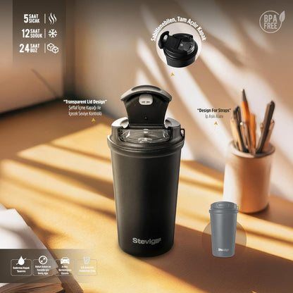 4 Work Flip Open Coffee Mug | 13 oz | Transparent Lid Design, Double Wall Vacuum Travel Mug, Cup Holder Friendly, Non-Slip Base, Compatible with Lanyard Loop – Grey ST-251