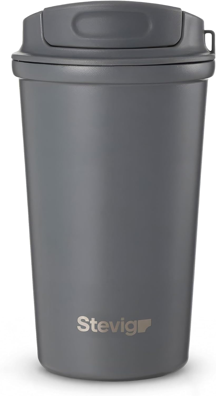 4 Work Flip Open Coffee Mug | 13 oz | Transparent Lid Design, Double Wall Vacuum Travel Mug, Cup Holder Friendly, Non-Slip Base, Compatible with Lanyard Loop – Grey ST-251