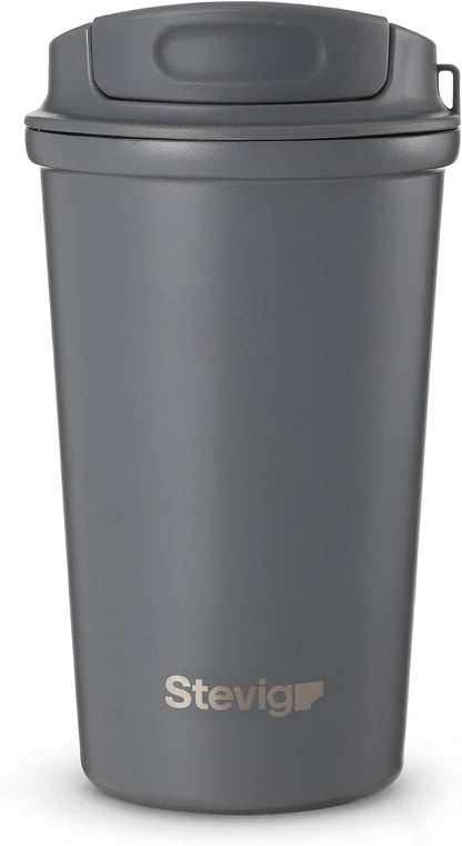 4 Work Flip Open Coffee Mug | 13 oz | Transparent Lid Design, Double Wall Vacuum Travel Mug, Cup Holder Friendly, Non-Slip Base, Compatible with Lanyard Loop – Grey ST-251