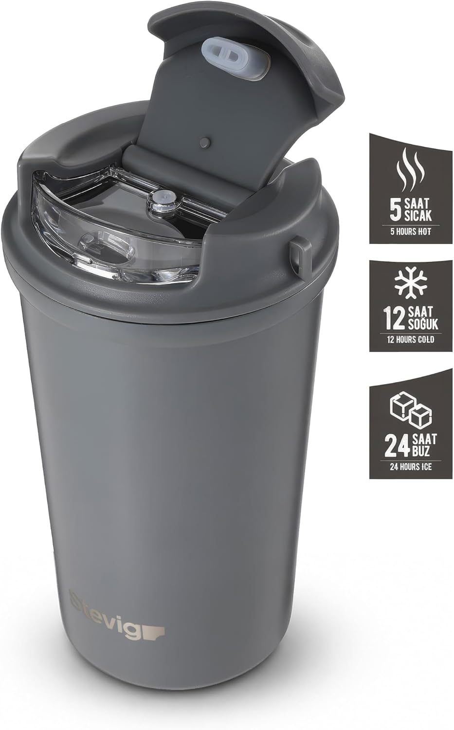 4 Work Flip Open Coffee Mug | 13 oz | Transparent Lid Design, Double Wall Vacuum Travel Mug, Cup Holder Friendly, Non-Slip Base, Compatible with Lanyard Loop – Grey ST-251