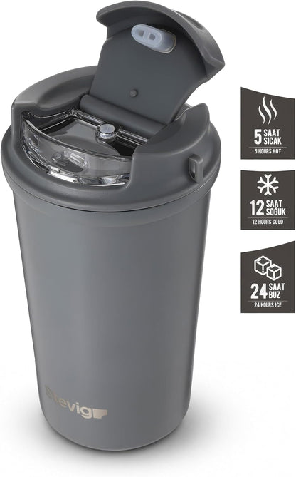 4 Work Flip Open Coffee Mug | 13 oz | Transparent Lid Design, Double Wall Vacuum Travel Mug, Cup Holder Friendly, Non-Slip Base, Compatible with Lanyard Loop – Grey ST-251
