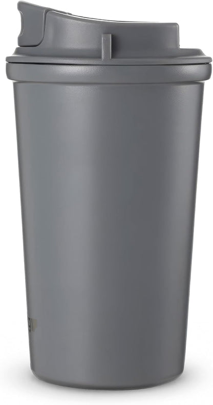 4 Work Flip Open Coffee Mug | 13 oz | Transparent Lid Design, Double Wall Vacuum Travel Mug, Cup Holder Friendly, Non-Slip Base, Compatible with Lanyard Loop – Grey ST-251